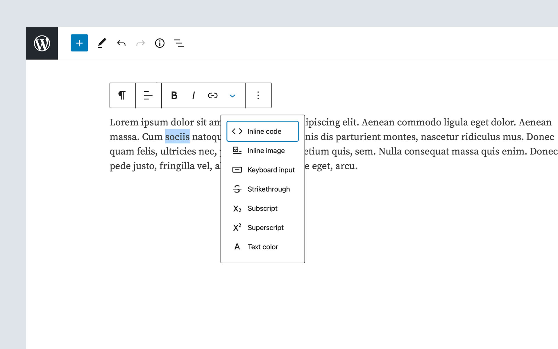 Core Rich Text Formats Dropdown showing &quot;Inline Code&quot; as selected