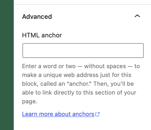 Editor showing the Anchor Text Control in the Advanced Settings Sidebar