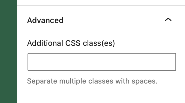 Block Editor Sidebar showing the custom class name setting