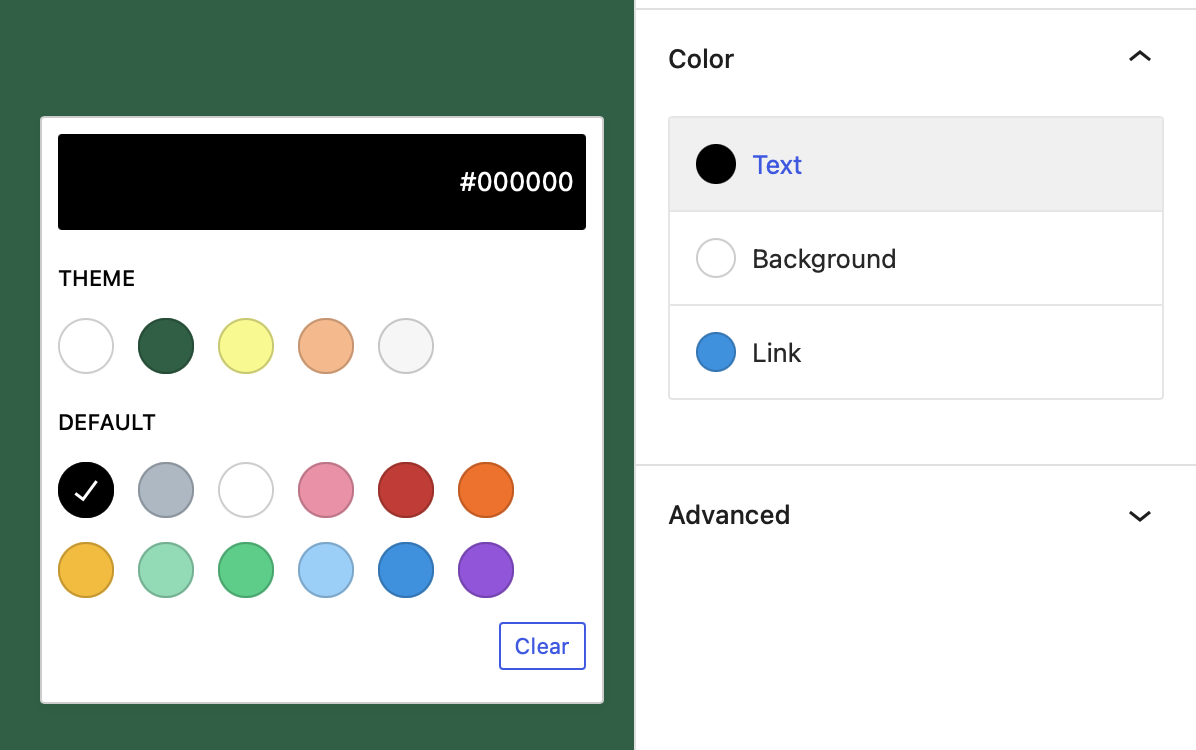 Block Editor Sidebar showing the Color Settings Panel