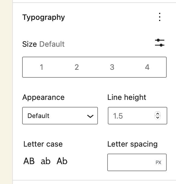 Block Editor Sidebar showing the Typography Settings panel